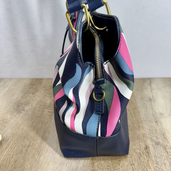 Fossil Lane Satchel Handbag Sea Pink Zebra Stripe Double Handle Zipper Pockets - Picture 3 of 16